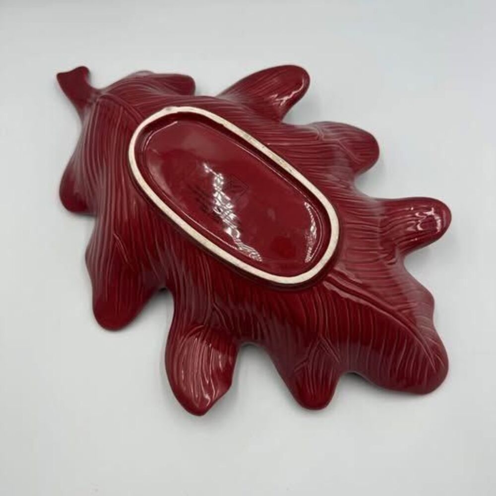 Harvest Dark Red Leaf Ceramic Serving Dish Bowl Rustic Farmhouse Table Decor - Picture 5 of 7